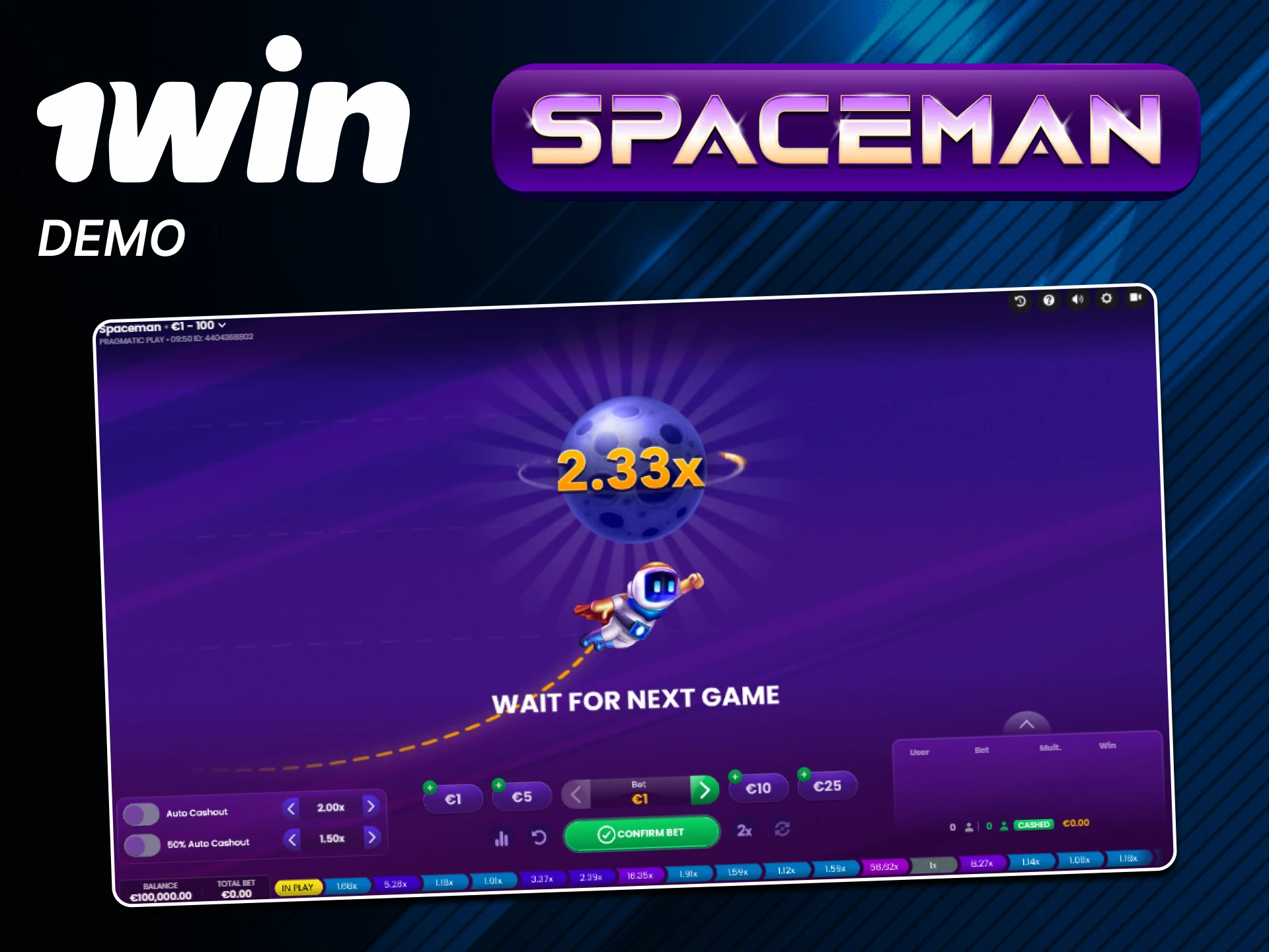 Try playing the free version of the Spaceman game from 1win.