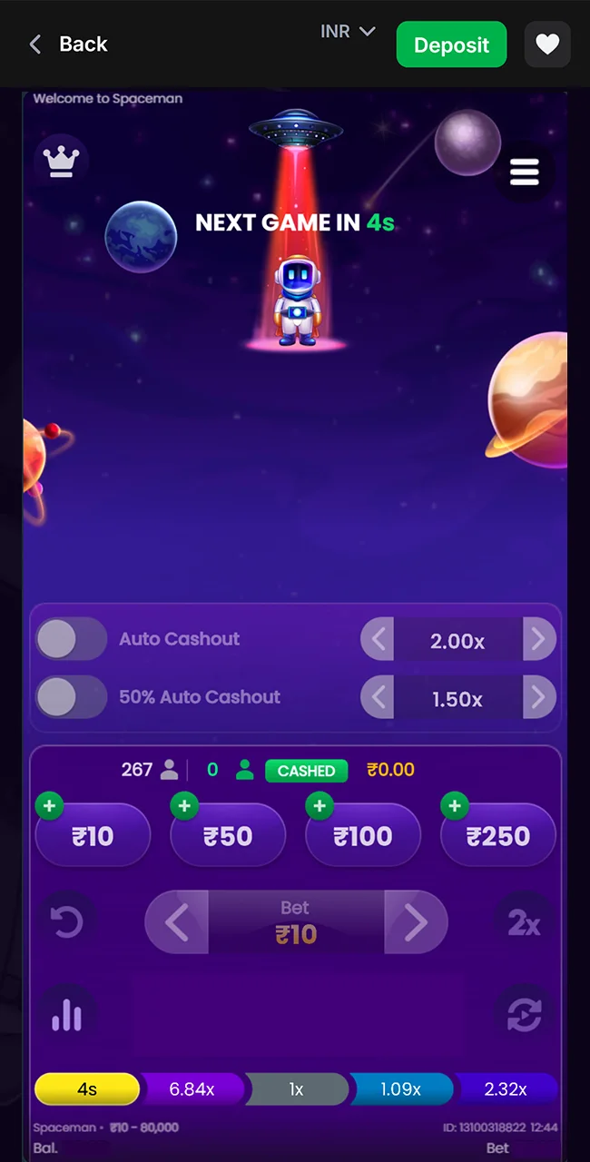 Play the official 1win Spaceman game now.