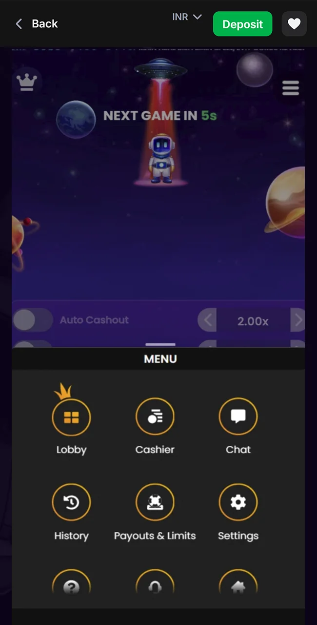 Open the official 1win Spaceman game menu.