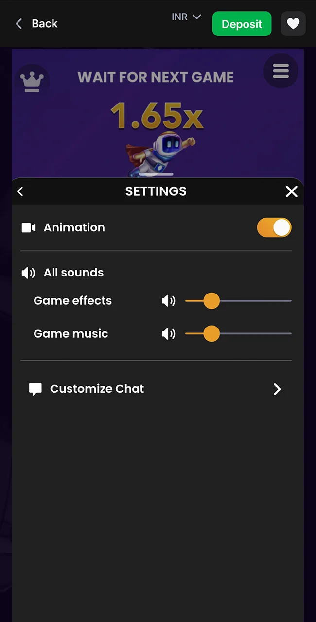 Adjust game settings on the official 1win site.