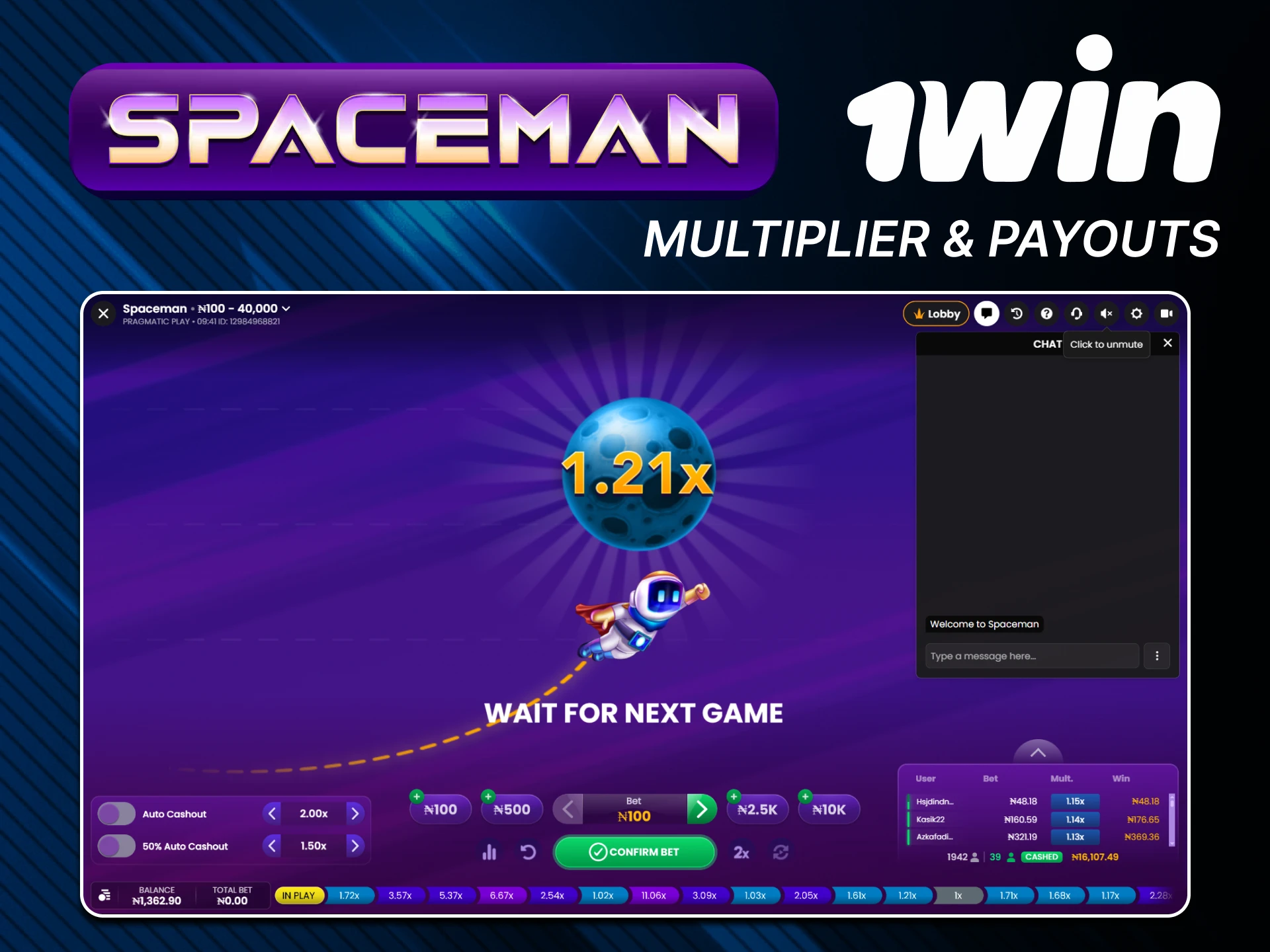 Big payouts await you in the Spaceman game from 1win.