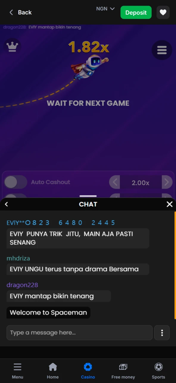 In the Spaceman game from 1win you can use chat.