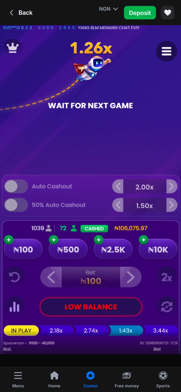 Try playing Spaceman from 1win.