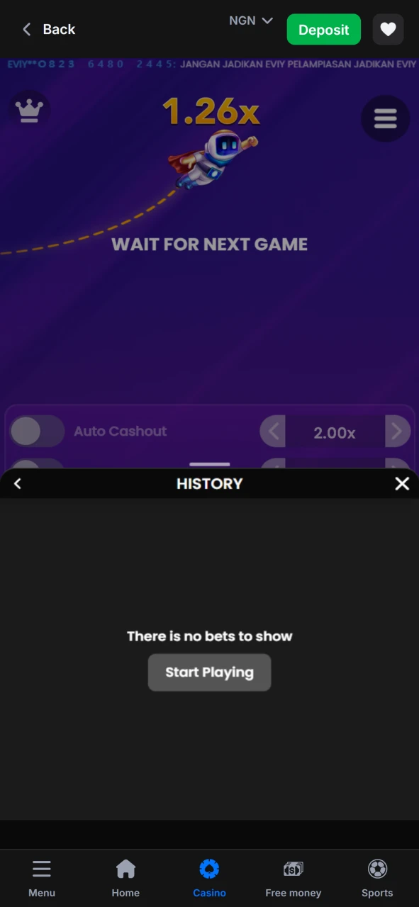 Track your betting history in the Spaceman game from 1win.