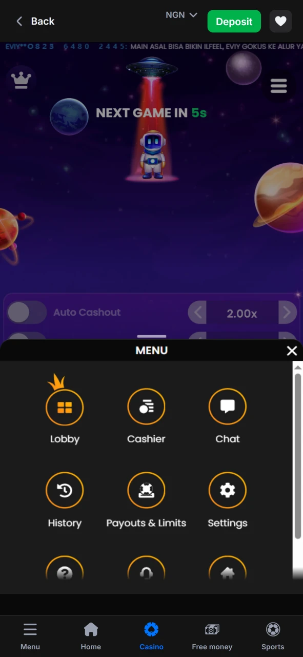 Use the Spaceman game menu from 1win.