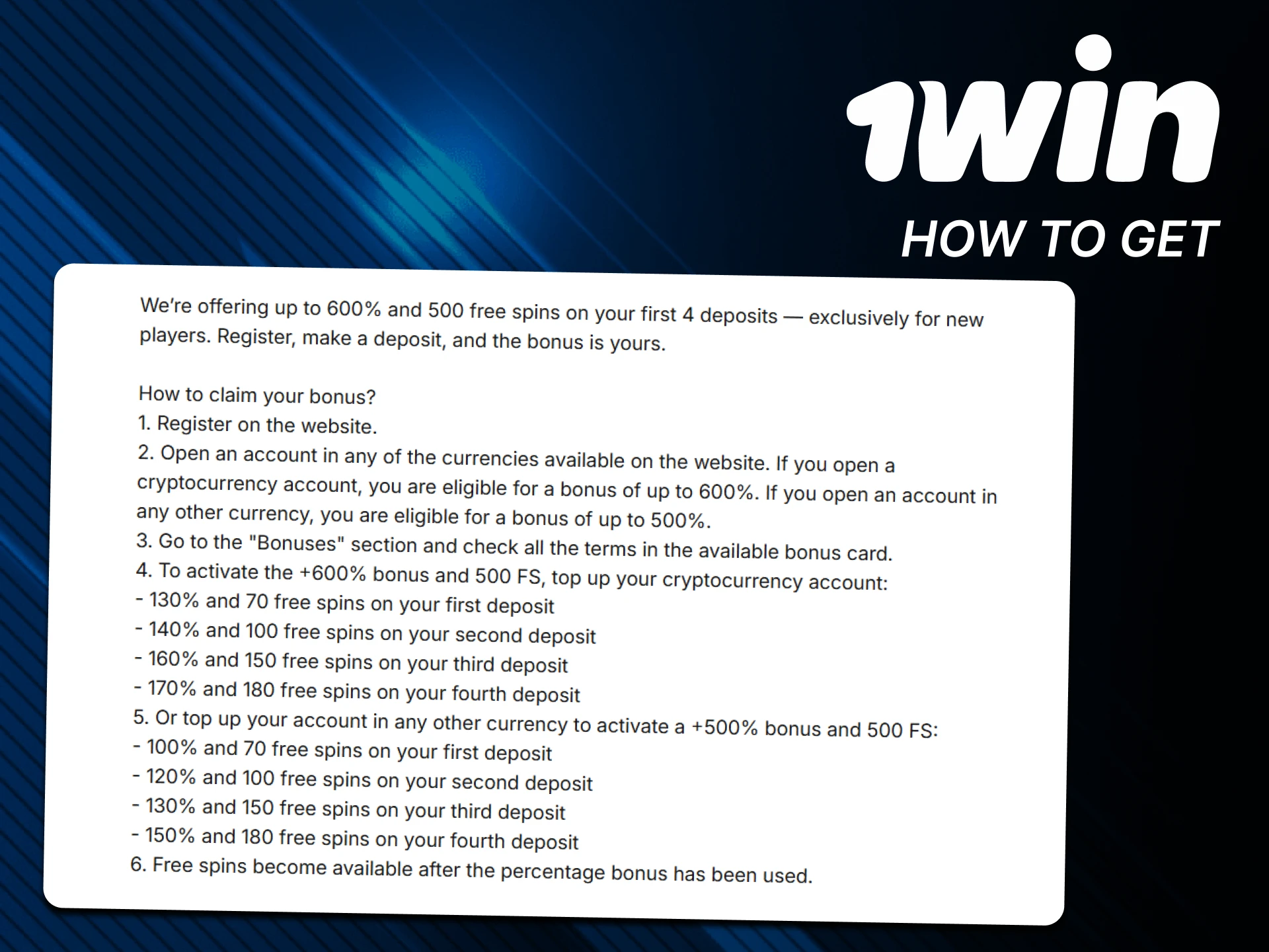 Just a couple of steps and the welcome bonus from 1win is yours.