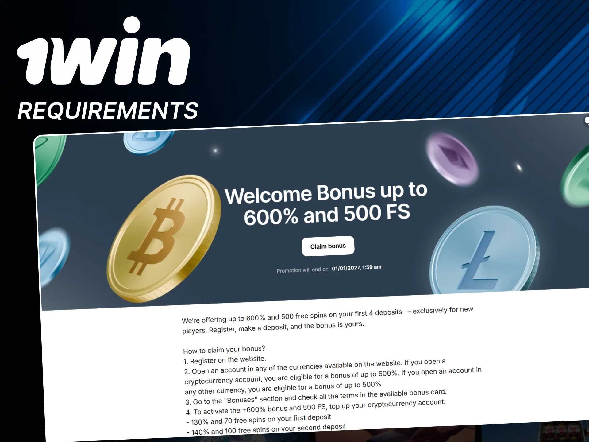 Be sure to read the guide to the requirements of the welcome bonus from 1win.